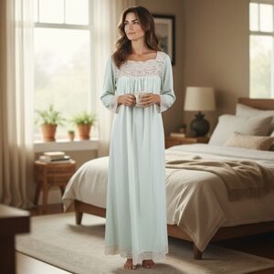 Vintage Nylon Nightgown Cream Lace Trim on Mint Green Maxi Length